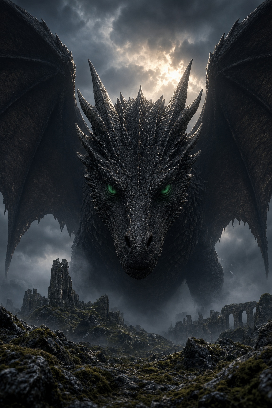 Maerrion, a black scaled dragon with green eyes and spread wings, filling a stormy sky above a field of mossy ruins.