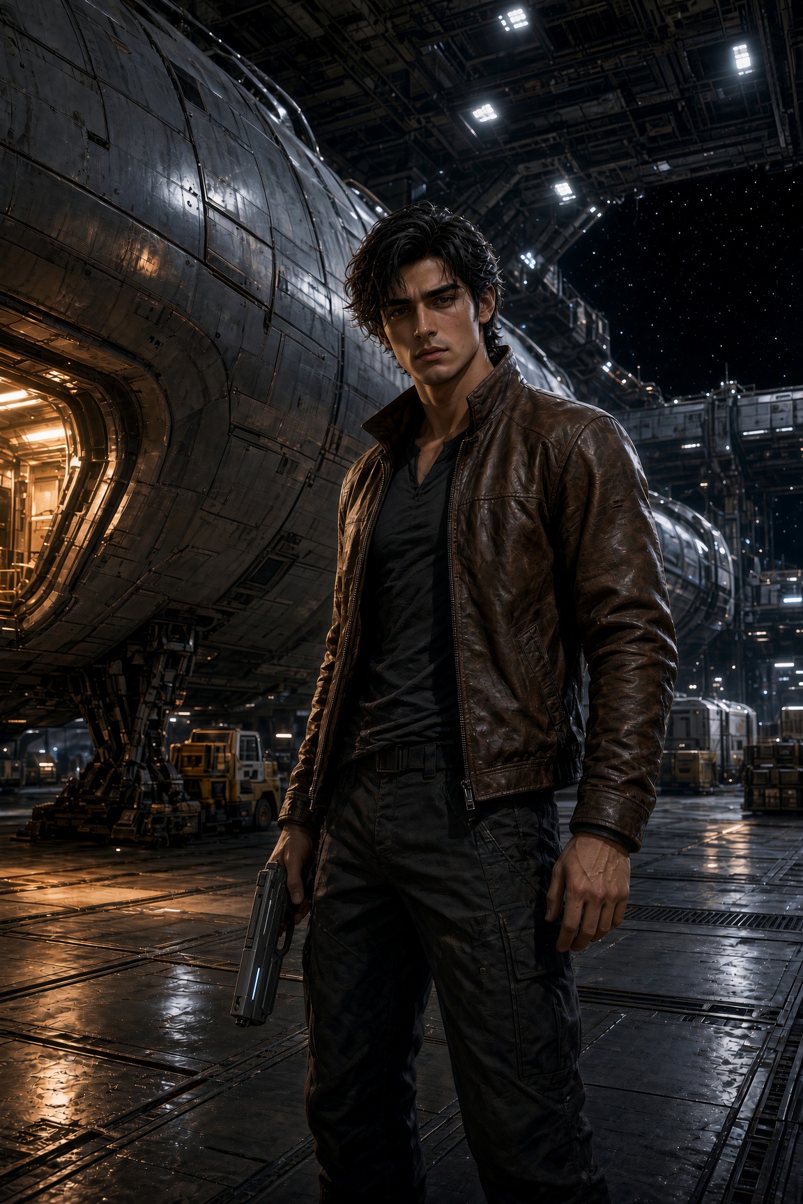 Nico Serrano, a young man in a worn leather jacket holding a pistol at his side, standing in a starship hangar lit by floodlights.
